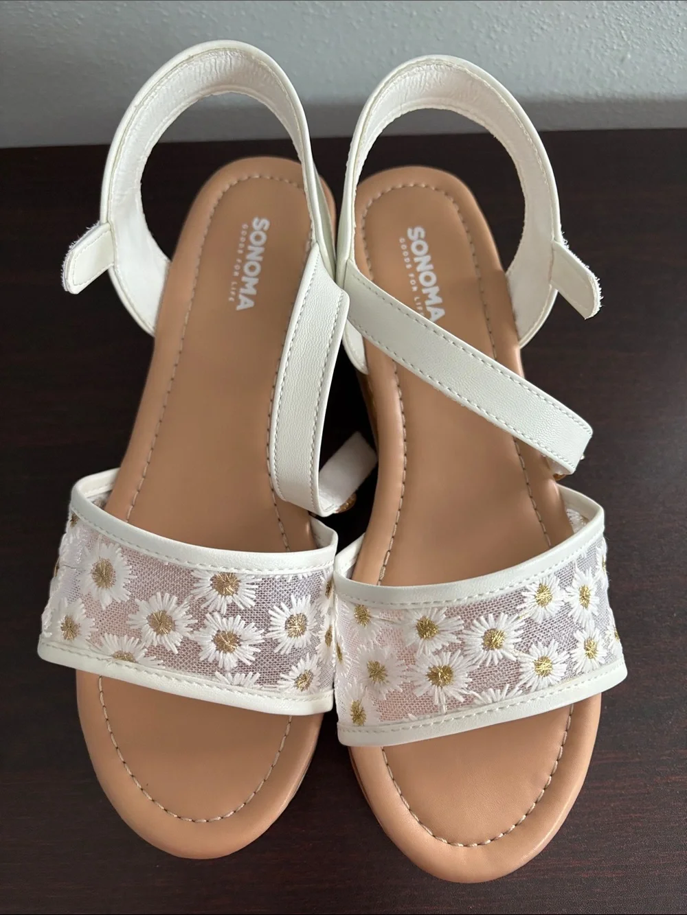 Girls White Daisy Espadrille Wedge Sandals with Ankle Strap